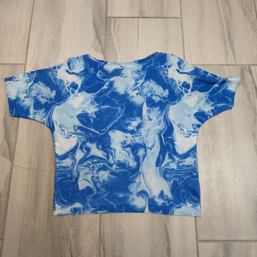Luisa Ricci Italy Blue White Marble Swirl Knit Short Sleeve Top Small 1752N